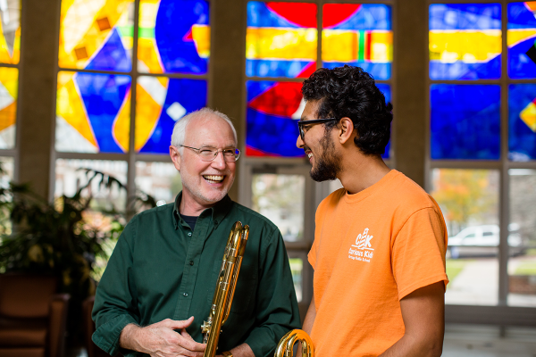 Kalamazoo College professor and student in the fine arts building